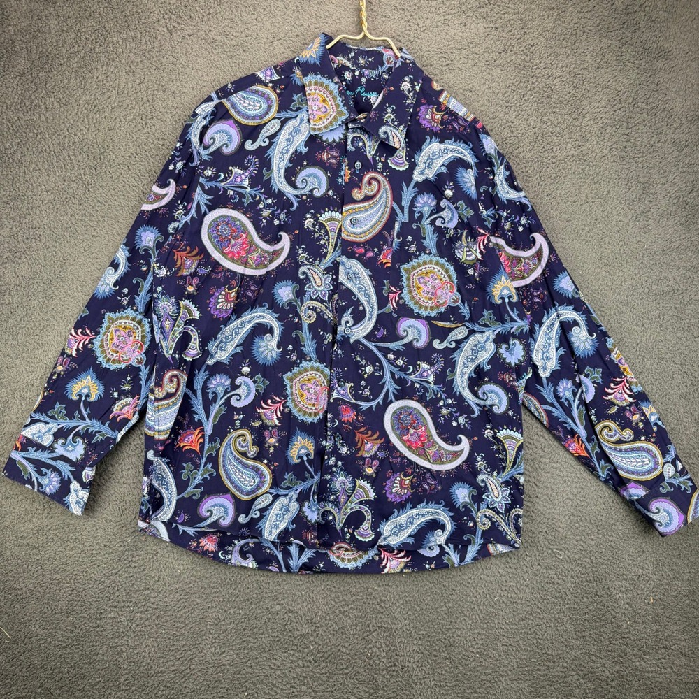 Alan Flusser Mens XL Paisley Button Down Shirt Navy Blue Long Sleeve Cotton